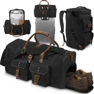 ARCFOX Vintage Waxed Canvas Mens Duffle Bag for Traveling, 45L Expandable Travel Bags for Men Convertible Backpack, Weekender Overnight Bag with Shoe Compartment, Carry On Bags for Airplanes, Black