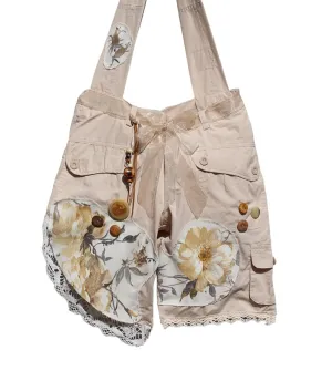 Asymetrical Crossbody Messenger Bag with Romantic Lace and Rose Appliques, Unique Colonial Style Canvas Purse in Beige Cream for Her, StorieBag Design for Happiness Series