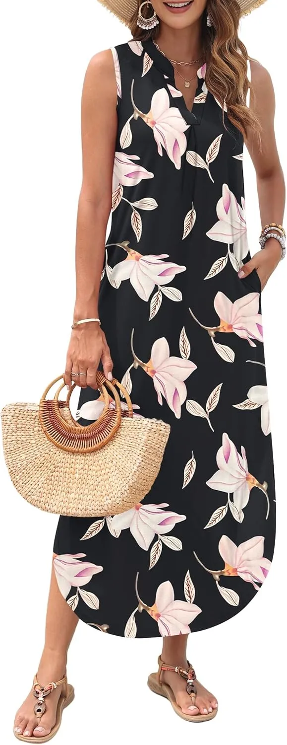 AUSELILY Womens Summer Casual Maxi Dresses 2025 Sleeveless Long Beach Dresses V Neck Loose Sundresses with Side Split Pockets