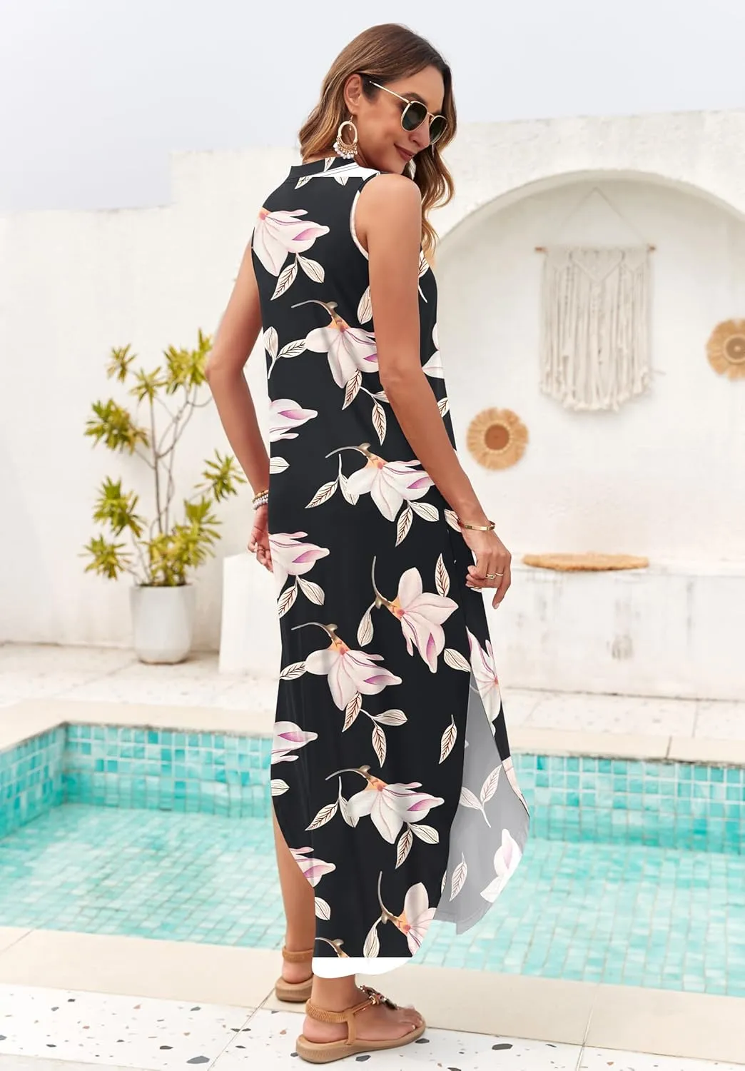 AUSELILY Womens Summer Casual Maxi Dresses 2025 Sleeveless Long Beach Dresses V Neck Loose Sundresses with Side Split Pockets