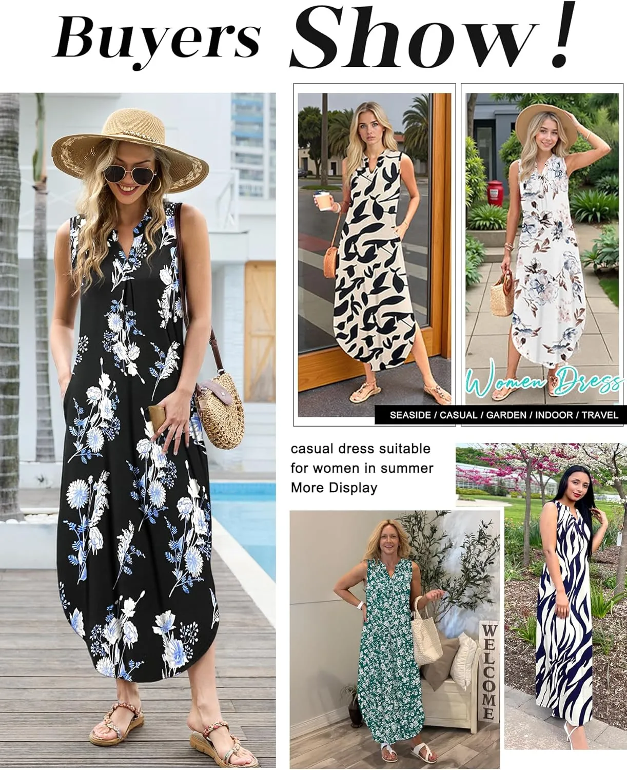 AUSELILY Womens Summer Casual Maxi Dresses 2025 Sleeveless Long Beach Dresses V Neck Loose Sundresses with Side Split Pockets