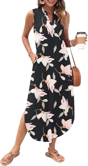 AUSELILY Womens Summer Casual Maxi Dresses 2025 Sleeveless Long Beach Dresses V Neck Loose Sundresses with Side Split Pockets