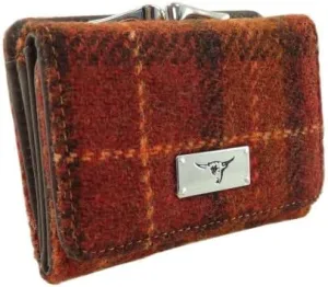 Authentic Harris Tweed Small Purse – Women Coins Purse Wallet Girls Sequin Mini Clutch Handbag - LB2113, Brown With Orange Overcheck, carry on, Classic
