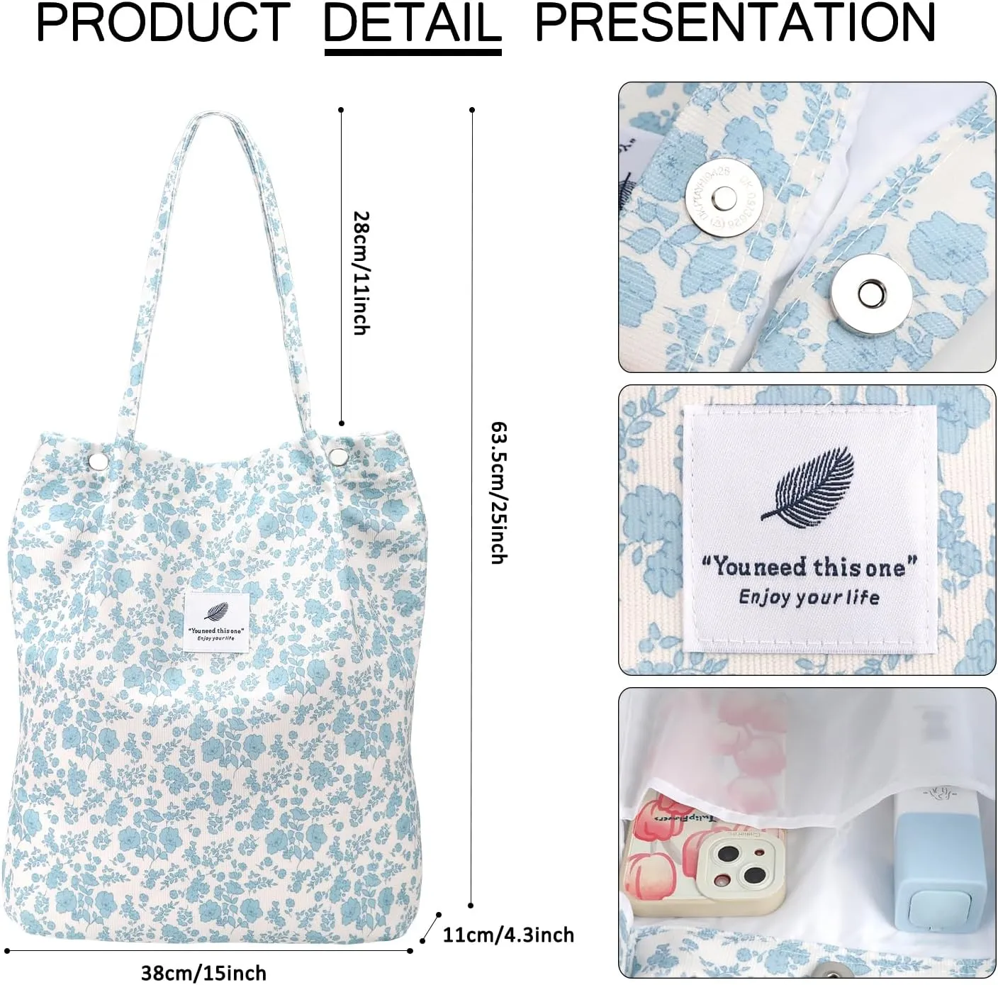 Ayieyill Corduroy Tote Bag for Women Canvas Shoulder Cord Purse with Inner Pocket