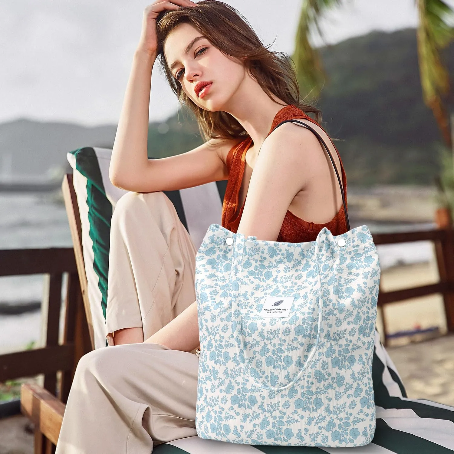 Ayieyill Corduroy Tote Bag for Women Canvas Shoulder Cord Purse with Inner Pocket