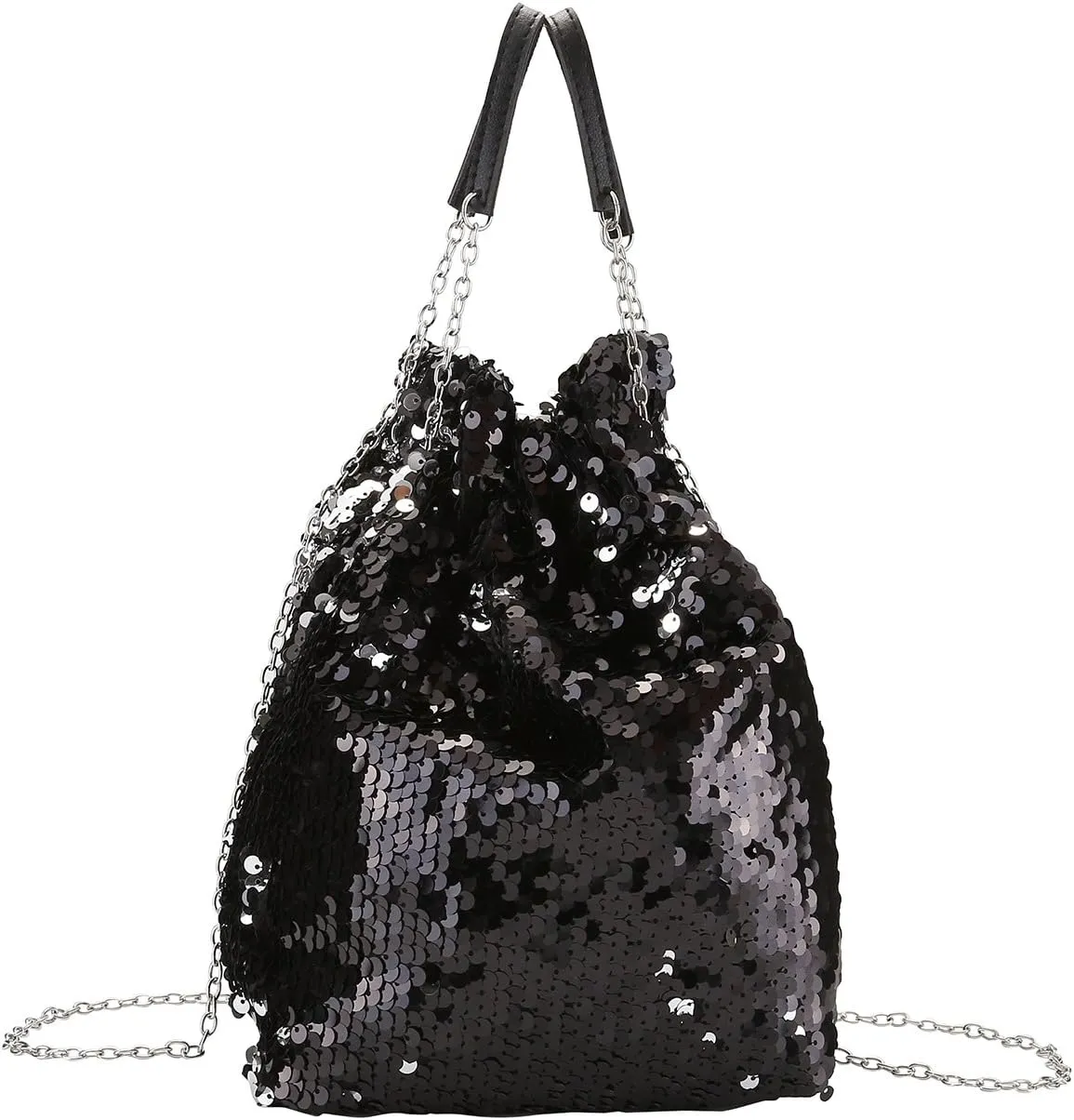 Ayliss Women Drawstring Bucket Bag Tote Shoulder Handbag Clutch Bag Reversible Mermaid Sequin Chain Crossbody Handbags