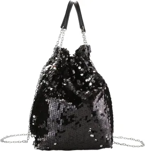 Ayliss Women Drawstring Bucket Bag Tote Shoulder Handbag Clutch Bag Reversible Mermaid Sequin Chain Crossbody Handbags