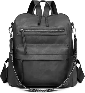 Backpack Purse for Women Large Vegan PU Leather Backpacks Anti-theft Fashion Ladies Rucksack Bags Casual Waterproof Shoulder Vintage Boho Daypack for Travel Work with Guitar Strap, Black