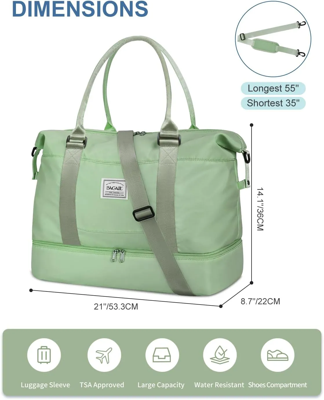 BAGAIL Travel Duffel Bag - Weekender & Overnight Gym Carry On Tote with Wet Pocket - Hospital Mom Bag for Labor and Delivery - Extra Large, Olive Green