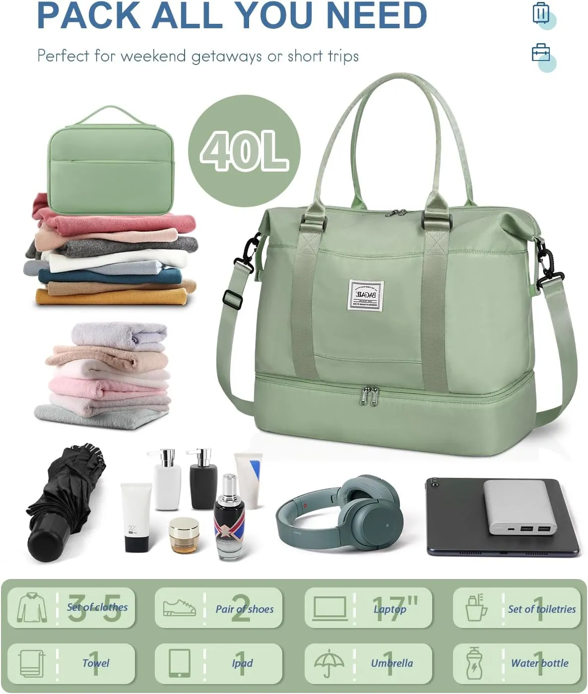 BAGAIL Travel Duffel Bag - Weekender & Overnight Gym Carry On Tote with Wet Pocket - Hospital Mom Bag for Labor and Delivery - Extra Large, Olive Green