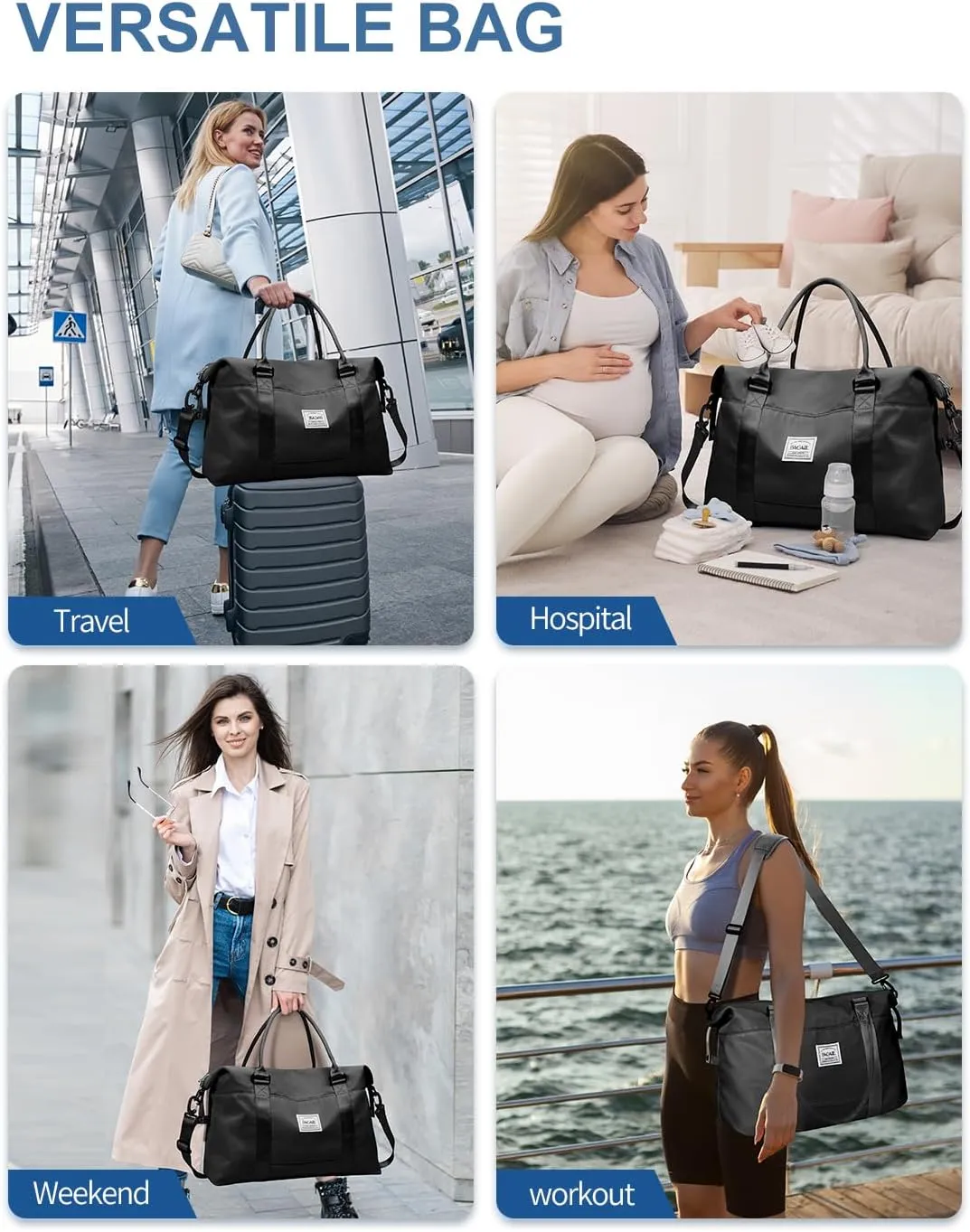 BAGAIL Travel Duffel Bag, Weekender Bags for Women, Overnight Gym Carry On Tote Bag with Wet Pocket, Hospital Mom Bag for Labor and Delivery - Black