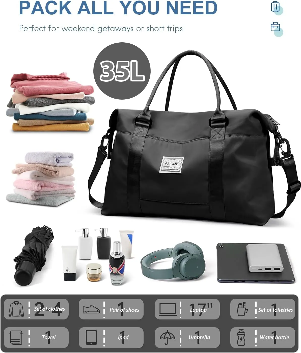 BAGAIL Travel Duffel Bag, Weekender Bags for Women, Overnight Gym Carry On Tote Bag with Wet Pocket, Hospital Mom Bag for Labor and Delivery - Black