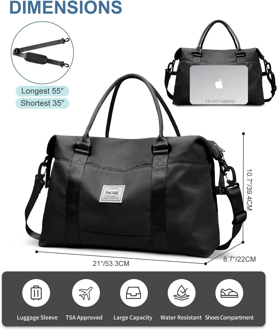 BAGAIL Travel Duffel Bag, Weekender Bags for Women, Overnight Gym Carry On Tote Bag with Wet Pocket, Hospital Mom Bag for Labor and Delivery - Black