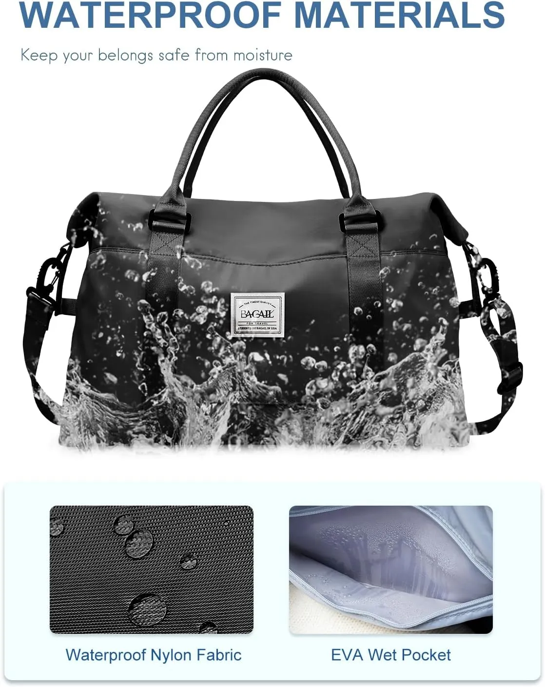 BAGAIL Travel Duffel Bag, Weekender Bags for Women, Overnight Gym Carry On Tote Bag with Wet Pocket, Hospital Mom Bag for Labor and Delivery - Black