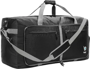 Bago Big XXL Foldable Duffel Bags for Traveling Women & Men - 140L Packable Duffle Bag for Travel with Shoe Compartment - Water Repellant, Heavy Duty, Lightweight Folding & Collapsible (Black)