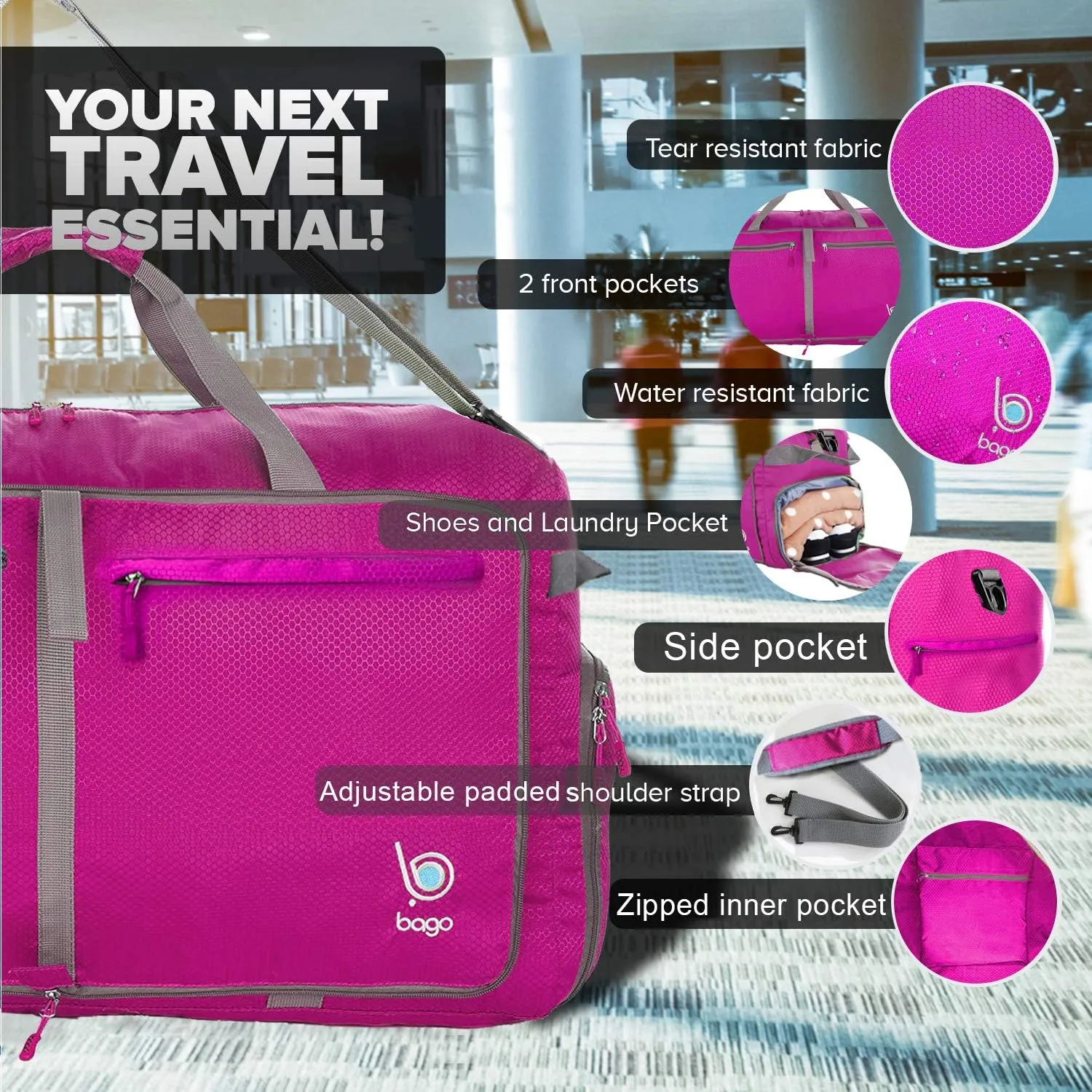 Bago Big XXL Foldable Duffel Bags for Traveling Women & Men - 140L Packable Duffle Bag for Travel with Shoe Compartment - Water Repellant, Heavy Duty, Lightweight Folding & Collapsible (Pink)