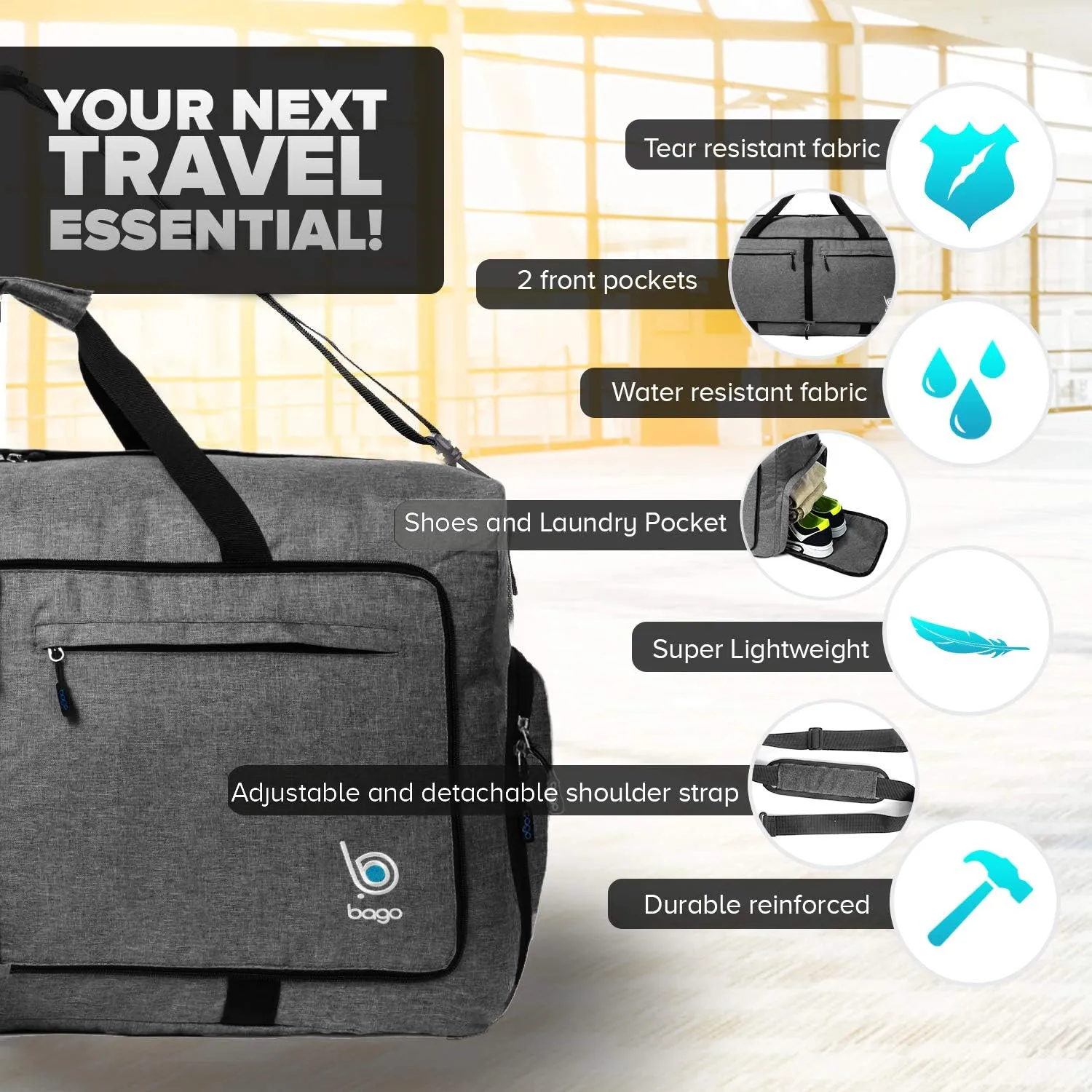 Bago Big XXL Foldable Duffel Bags for Traveling Women & Men - 140L Packable Duffle Bag for Travel with Shoe Compartment - Water Repellant, Heavy Duty, Lightweight Folding & Collapsible (SnowBlack)