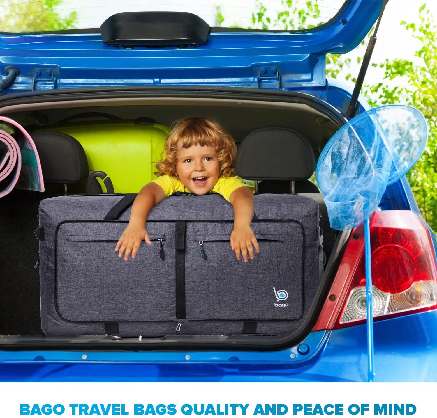 Bago Big XXL Foldable Duffel Bags for Traveling Women & Men - 140L Packable Duffle Bag for Travel with Shoe Compartment - Water Repellant, Heavy Duty, Lightweight Folding & Collapsible (SnowBlack)