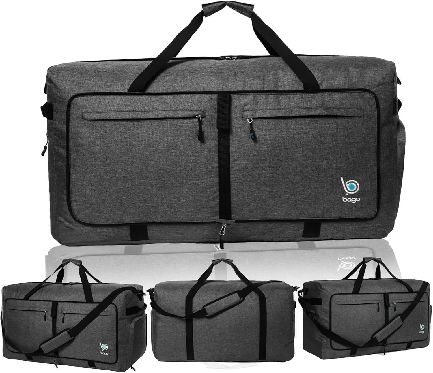 Bago Big XXL Foldable Duffel Bags for Traveling Women & Men - 140L Packable Duffle Bag for Travel with Shoe Compartment - Water Repellant, Heavy Duty, Lightweight Folding & Collapsible (SnowBlack)