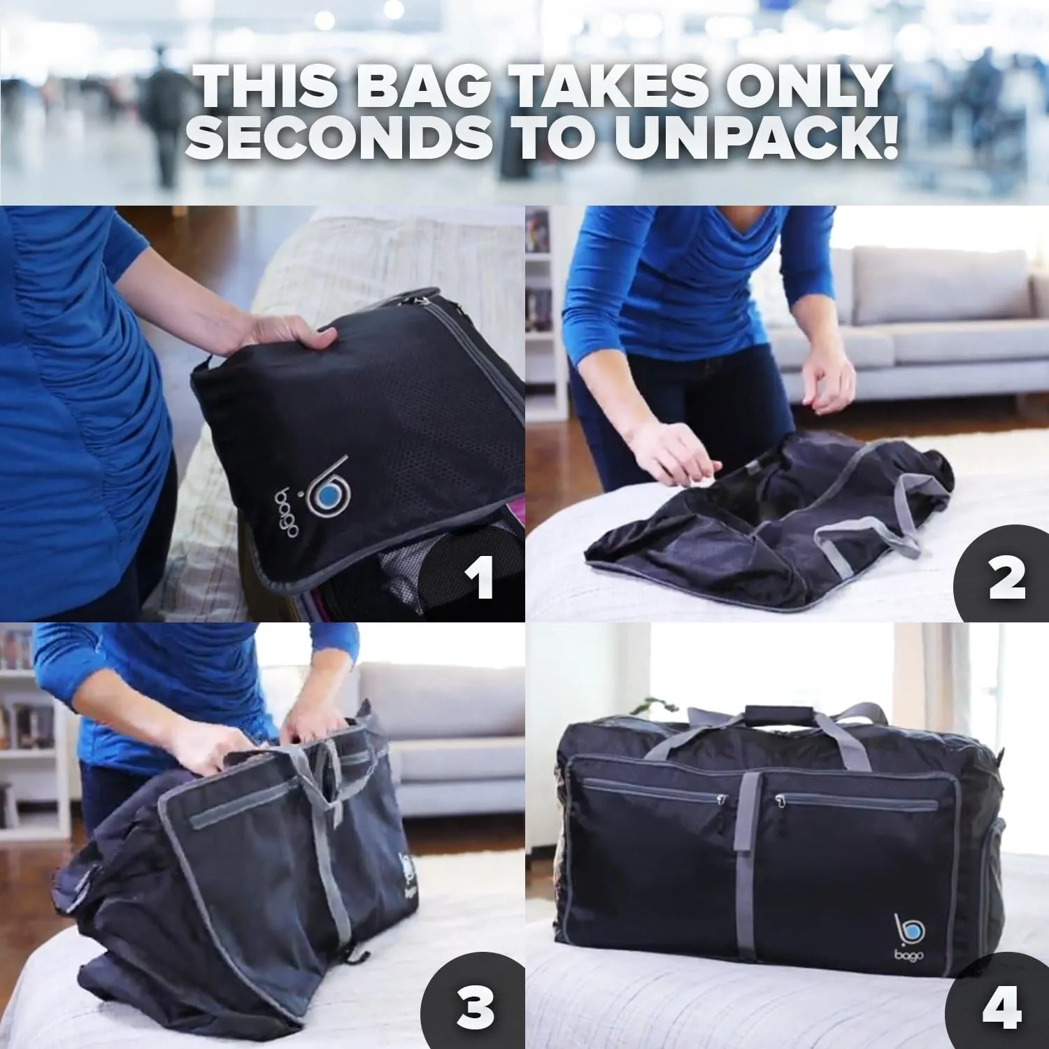 Bago Big XXL Foldable Duffel Bags for Traveling Women & Men - 140L Packable Duffle Bag for Travel with Shoe Compartment - Water Repellant, Heavy Duty, Lightweight Folding & Collapsible (SnowBlack)