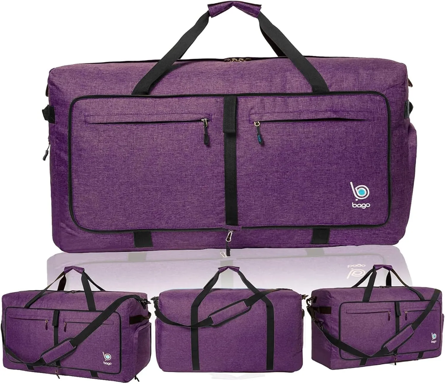 Bago Big XXL Foldable Duffel Bags for Traveling Women & Men - 140L Packable Duffle Bag for Travel with Shoe Compartment - Water Repellant, Heavy Duty, Lightweight Folding & Collapsible (SnowDepPurple)