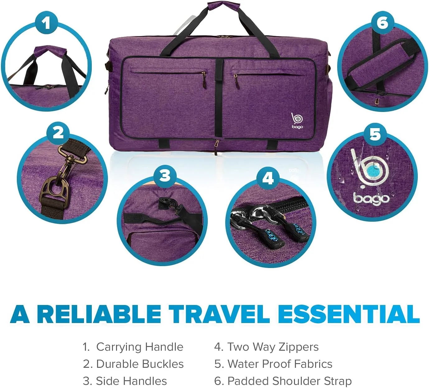 Bago Big XXL Foldable Duffel Bags for Traveling Women & Men - 140L Packable Duffle Bag for Travel with Shoe Compartment - Water Repellant, Heavy Duty, Lightweight Folding & Collapsible (SnowDepPurple)