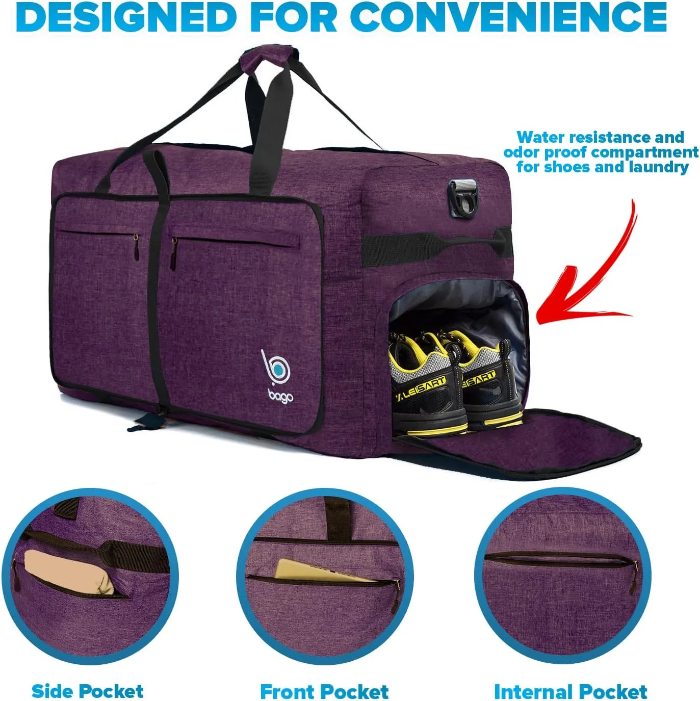 Bago Big XXL Foldable Duffel Bags for Traveling Women & Men - 140L Packable Duffle Bag for Travel with Shoe Compartment - Water Repellant, Heavy Duty, Lightweight Folding & Collapsible (SnowDepPurple)