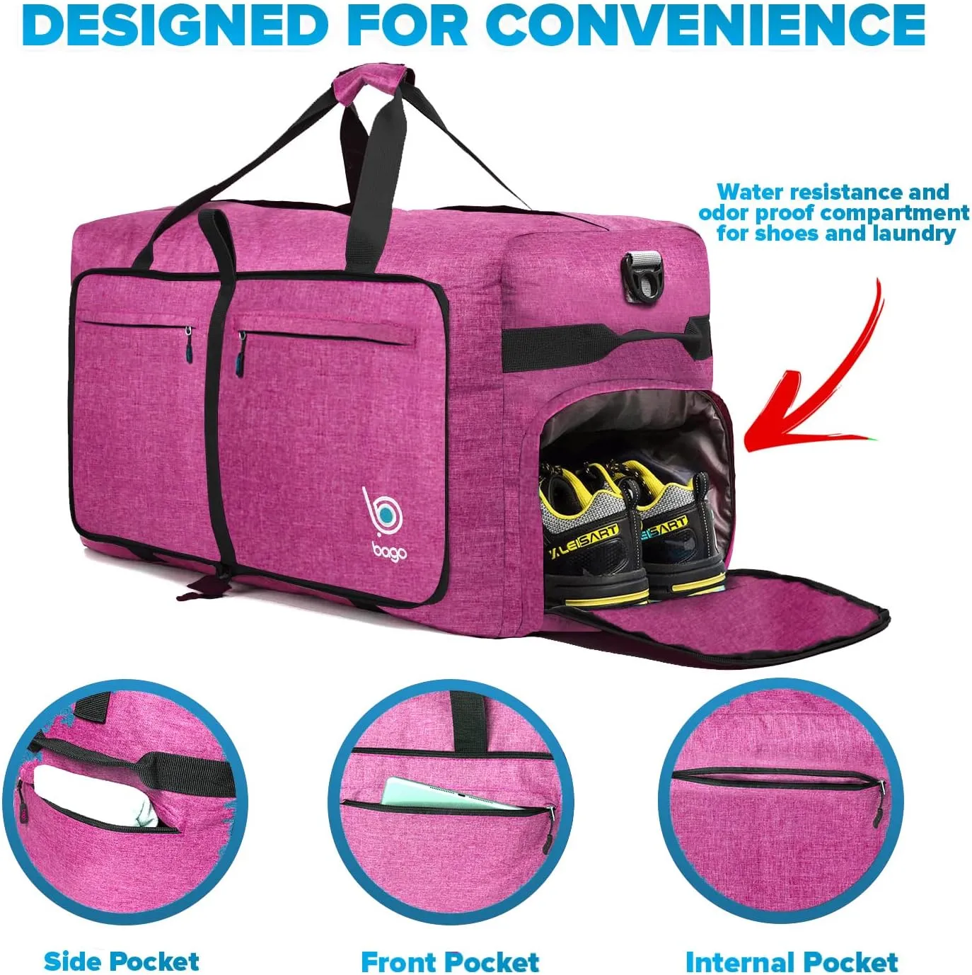 Bago Big XXL Foldable Duffel Bags for Traveling Women & Men - 140L Packable Duffle Bag for Travel with Shoe Compartment - Water Repellant, Heavy Duty, Lightweight Folding & Collapsible (SnowPink)