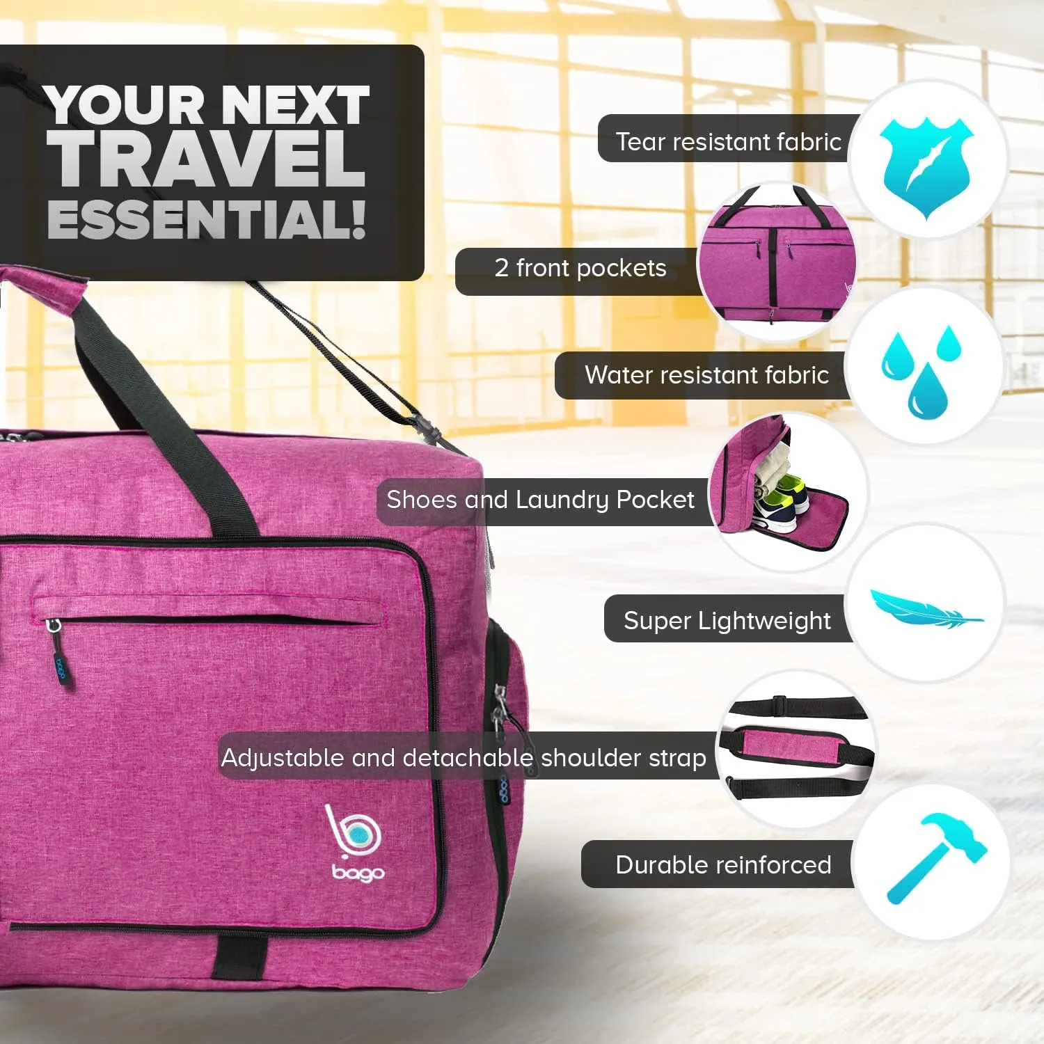 Bago Big XXL Foldable Duffel Bags for Traveling Women & Men - 140L Packable Duffle Bag for Travel with Shoe Compartment - Water Repellant, Heavy Duty, Lightweight Folding & Collapsible (SnowPink)