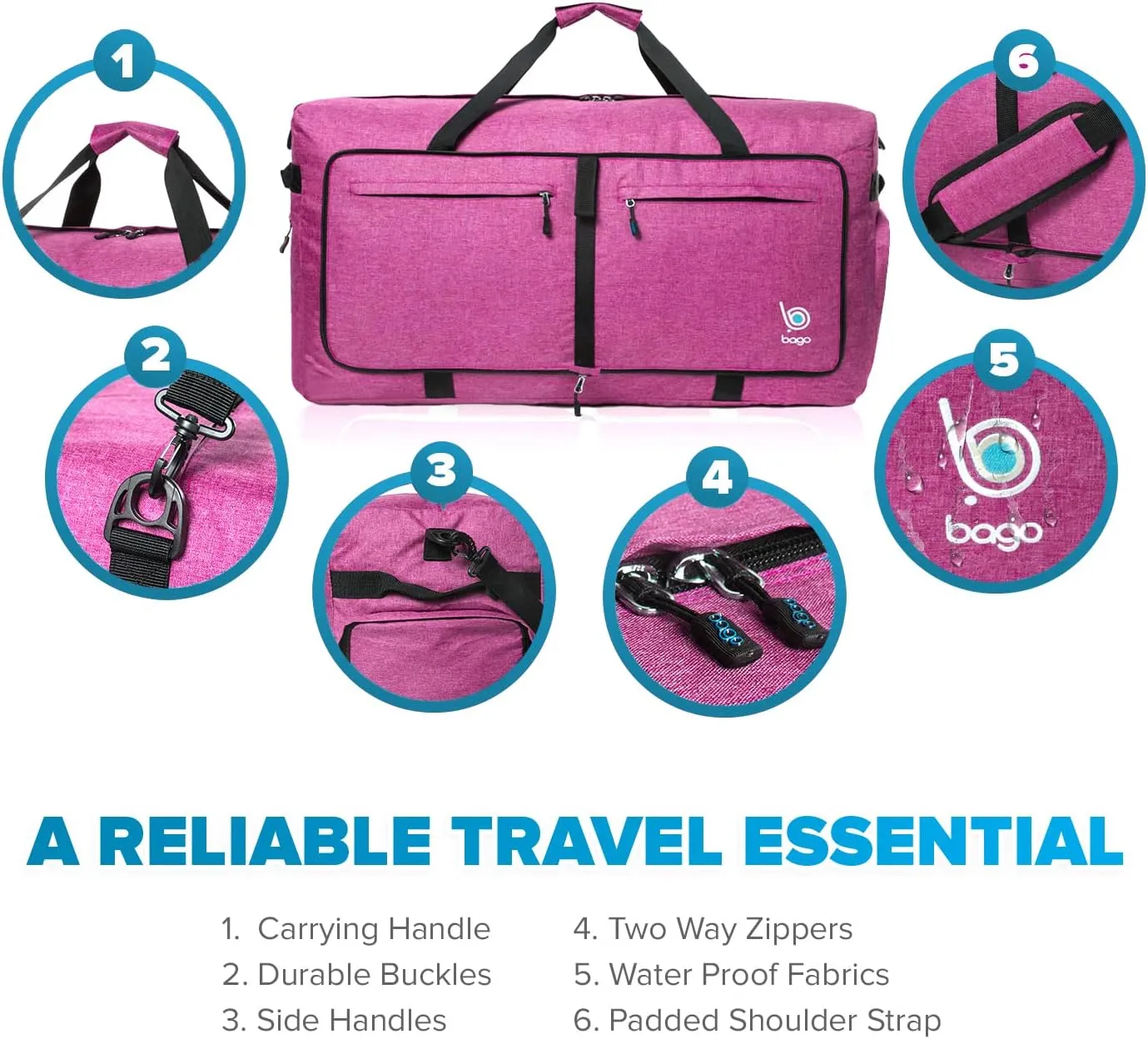 Bago Big XXL Foldable Duffel Bags for Traveling Women & Men - 140L Packable Duffle Bag for Travel with Shoe Compartment - Water Repellant, Heavy Duty, Lightweight Folding & Collapsible (SnowPink)