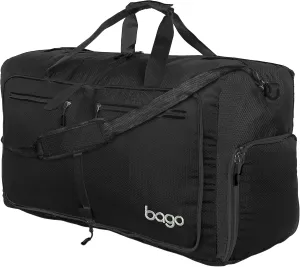 Bago Foldable Duffel Bags for Traveling Women & Men - 60L Medium Packable Duffle Bag for Travel with Shoe Compartment - Water Repellant, Heavy Duty, Lightweight Folding & Collapsible (All Black)