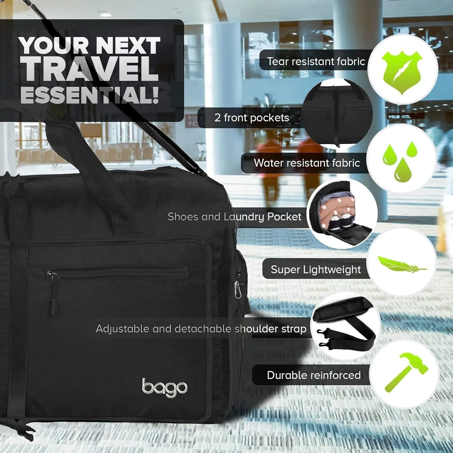 Bago Foldable Duffel Bags for Traveling Women & Men - 60L Medium Packable Duffle Bag for Travel with Shoe Compartment - Water Repellant, Heavy Duty, Lightweight Folding & Collapsible (All Black)