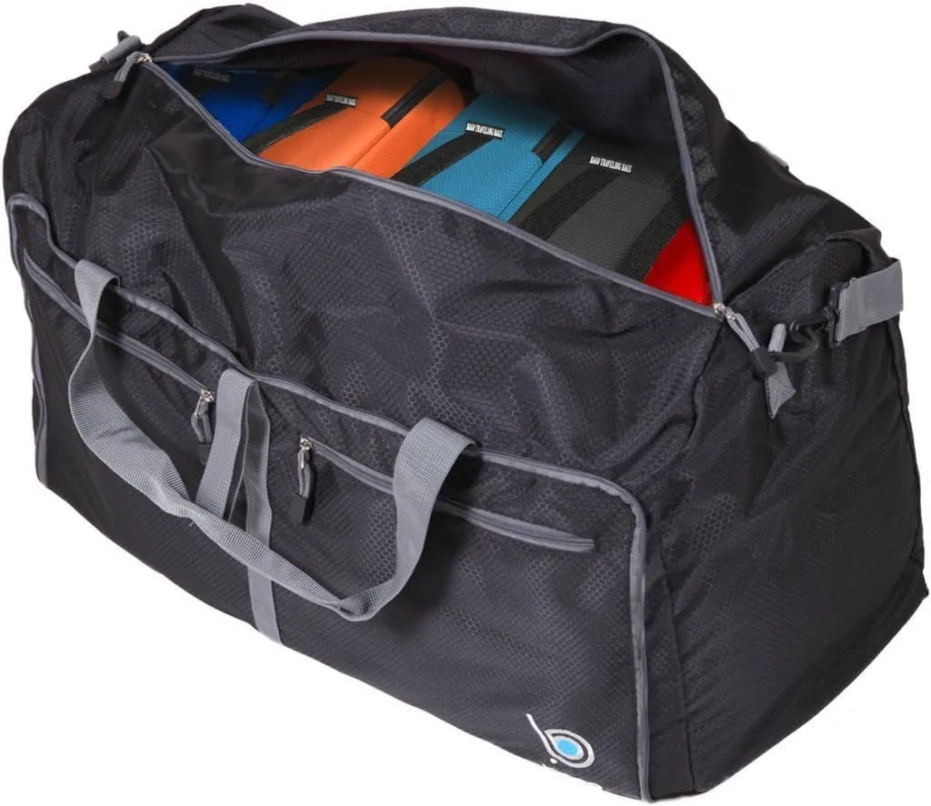 Bago Foldable Duffel Bags for Traveling Women & Men - 60L Medium Packable Duffle Bag for Travel with Shoe Compartment - Water Repellant, Heavy Duty, Lightweight Folding & Collapsible (All Black)