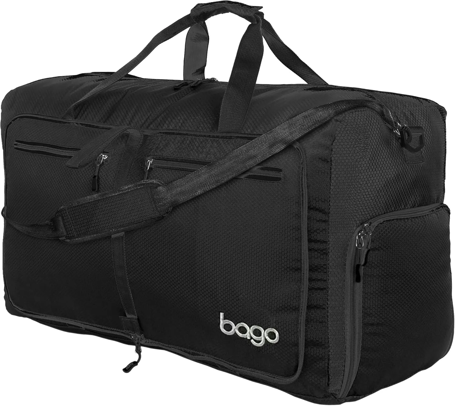 Bago Foldable Duffel Bags for Traveling Women & Men - 60L Medium Packable Duffle Bag for Travel with Shoe Compartment - Water Repellant, Heavy Duty, Lightweight Folding & Collapsible (All Black)