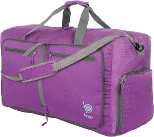 Bago Foldable Duffel Bags for Traveling Women & Men - 60L Medium Packable Duffle Bag for Travel with Shoe Compartment - Water Repellant, Heavy Duty, Lightweight Folding & Collapsible (Purple)