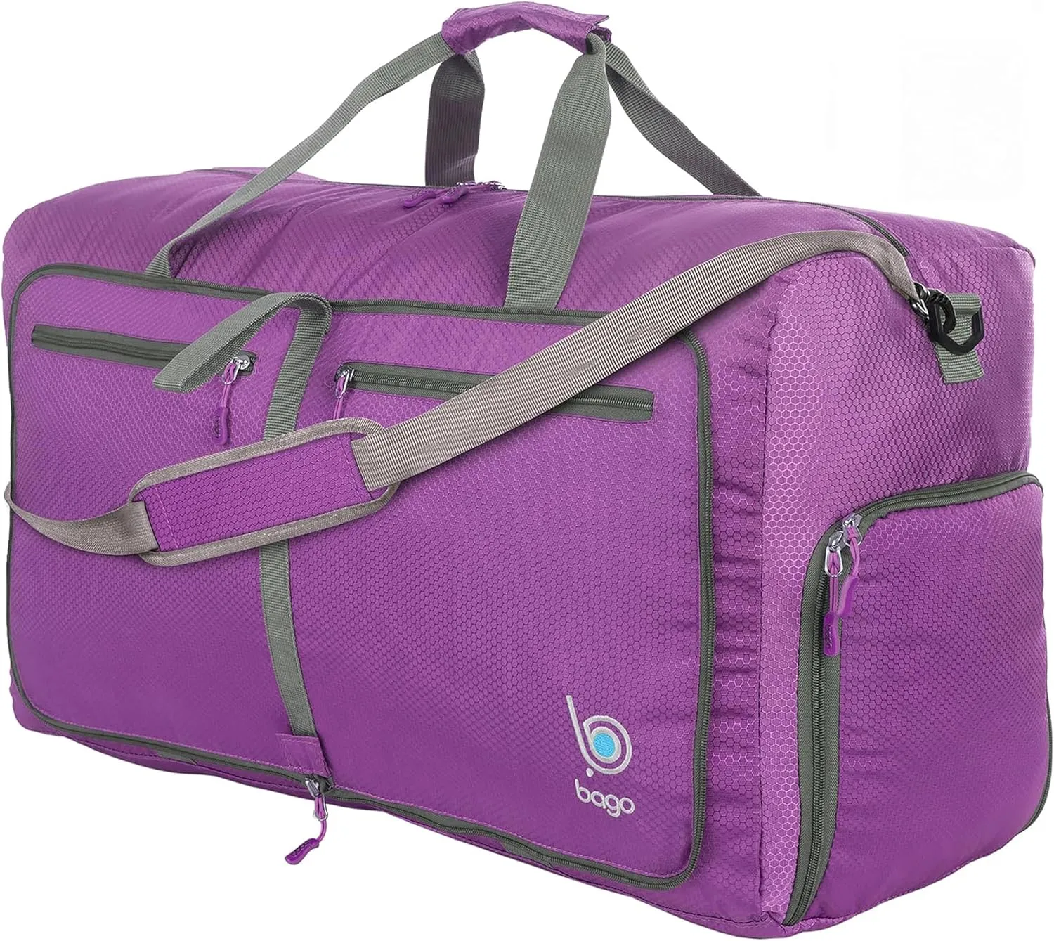 Bago Foldable Duffel Bags for Traveling Women & Men - 60L Medium Packable Duffle Bag for Travel with Shoe Compartment - Water Repellant, Heavy Duty, Lightweight Folding & Collapsible (Purple)