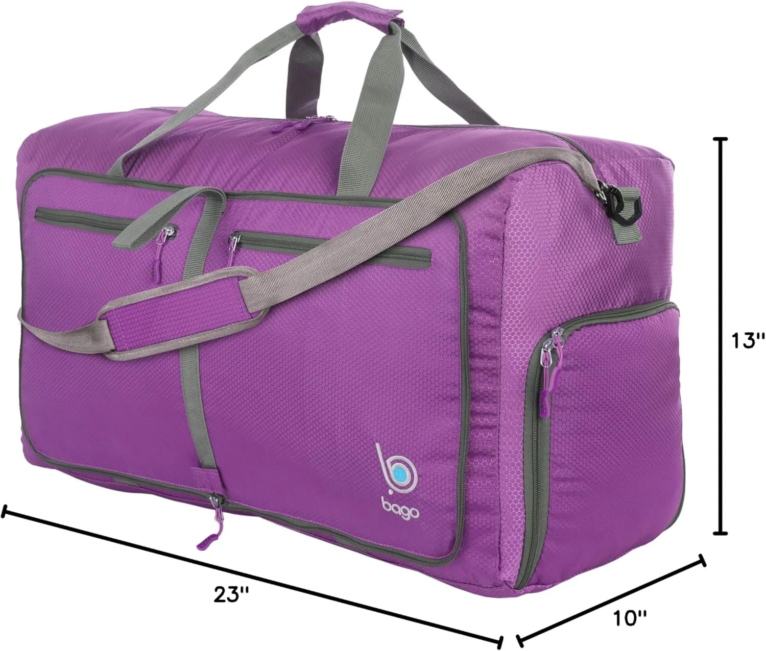 Bago Foldable Duffel Bags for Traveling Women & Men - 60L Medium Packable Duffle Bag for Travel with Shoe Compartment - Water Repellant, Heavy Duty, Lightweight Folding & Collapsible (Purple)