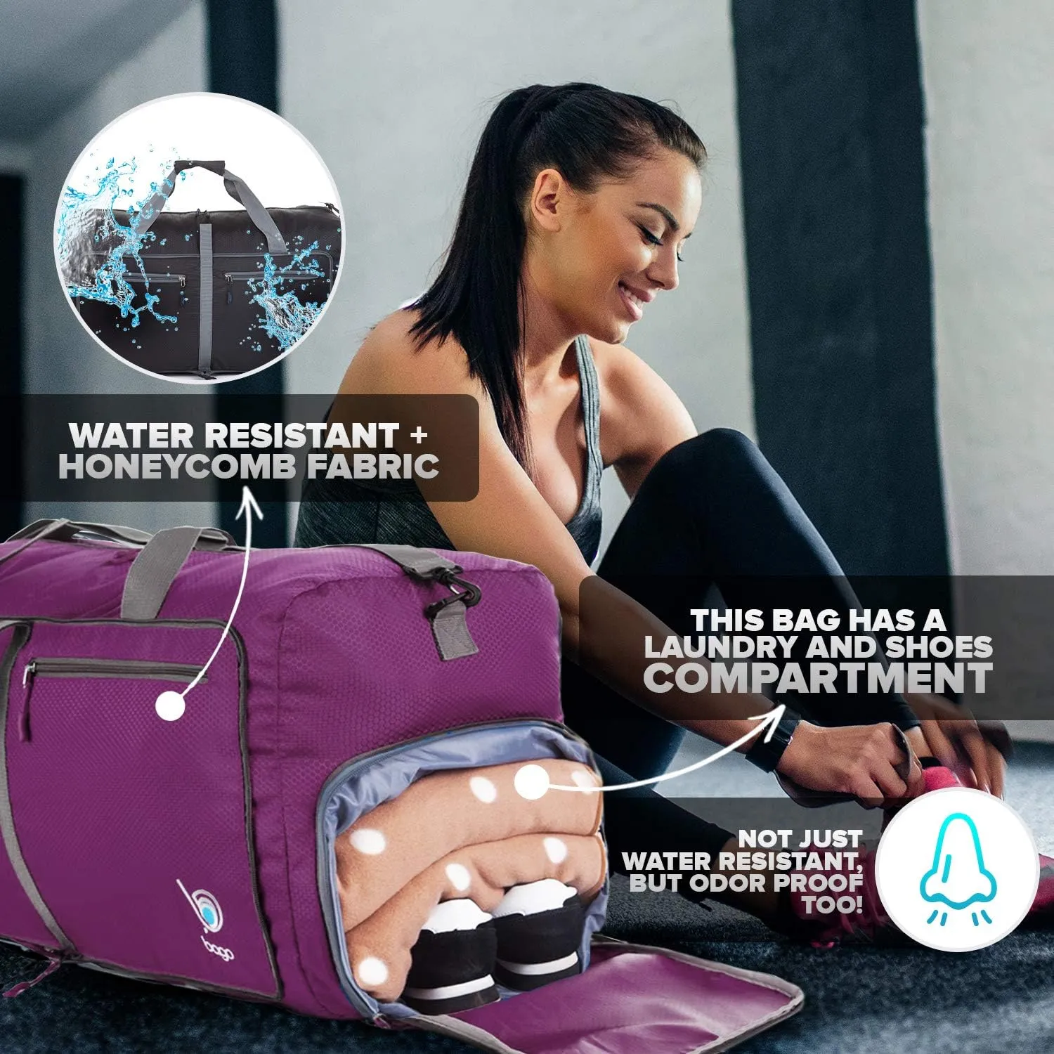 Bago Foldable Duffel Bags for Traveling Women & Men - 60L Medium Packable Duffle Bag for Travel with Shoe Compartment - Water Repellant, Heavy Duty, Lightweight Folding & Collapsible (Purple)