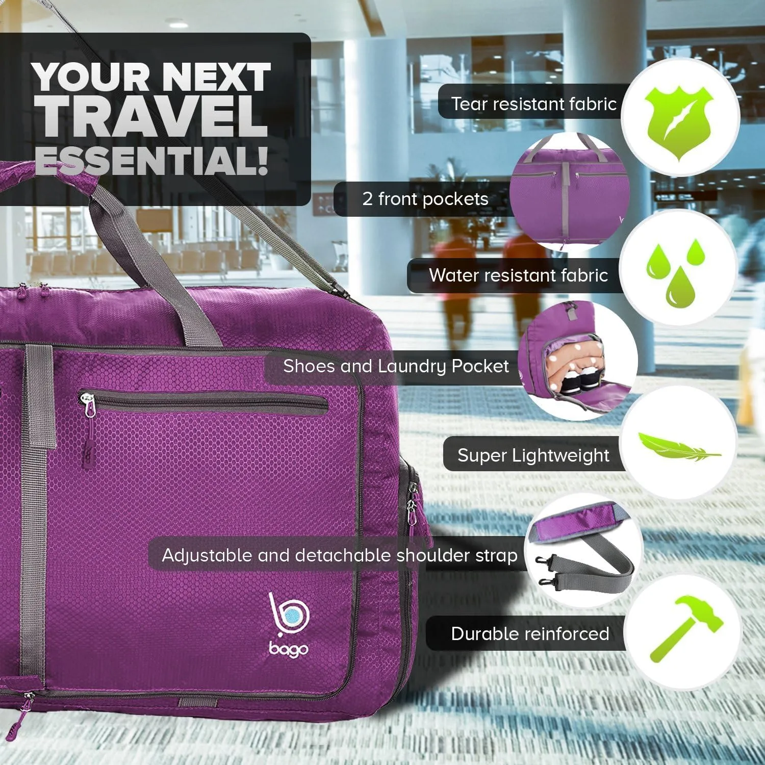 Bago Foldable Duffel Bags for Traveling Women & Men - 60L Medium Packable Duffle Bag for Travel with Shoe Compartment - Water Repellant, Heavy Duty, Lightweight Folding & Collapsible (Purple)
