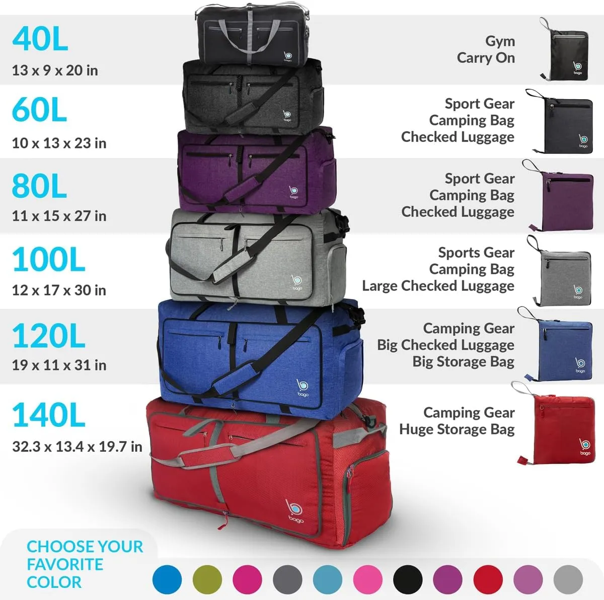 Bago Foldable Duffel Bags for Traveling Women & Men - 60L Medium Packable Duffle Bag for Travel with Shoe Compartment - Water Repellant, Heavy Duty, Lightweight Folding & Collapsible (Purple)