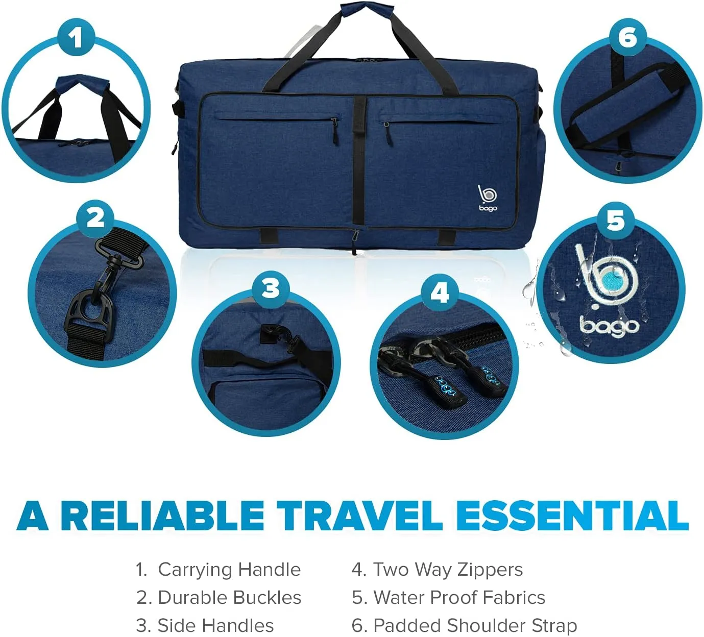 Bago Foldable Duffel Bags for Traveling Women & Men - 60L Medium Packable Duffle Bag for Travel with Shoe Compartment - Water Repellant, Heavy Duty, Lightweight Folding & Collapsible (SnowDepBlue)