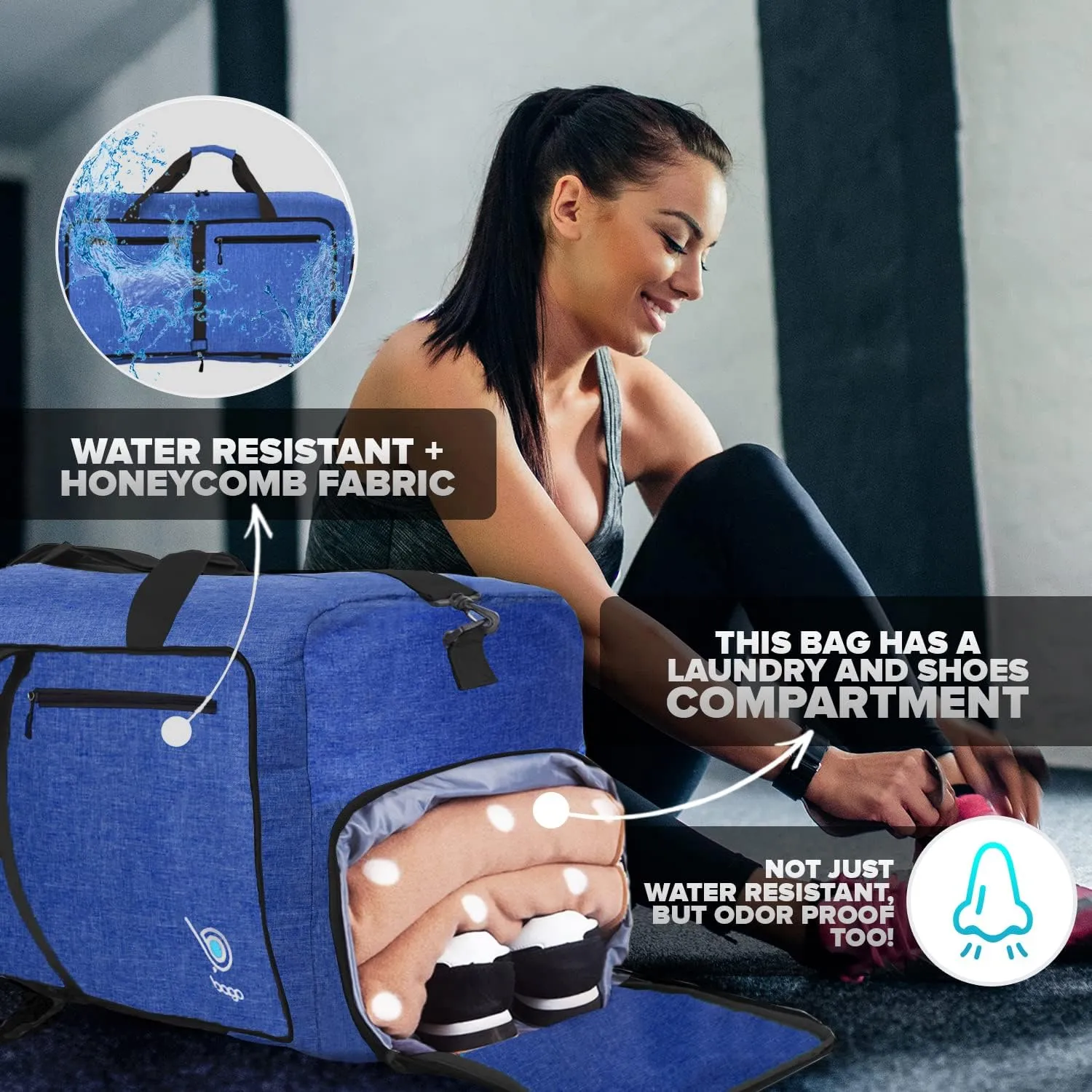Bago Foldable Duffel Bags for Traveling Women & Men - 60L Medium Packable Duffle Bag for Travel with Shoe Compartment - Water Repellant, Heavy Duty, Lightweight Folding & Collapsible (SnowDepBlue)
