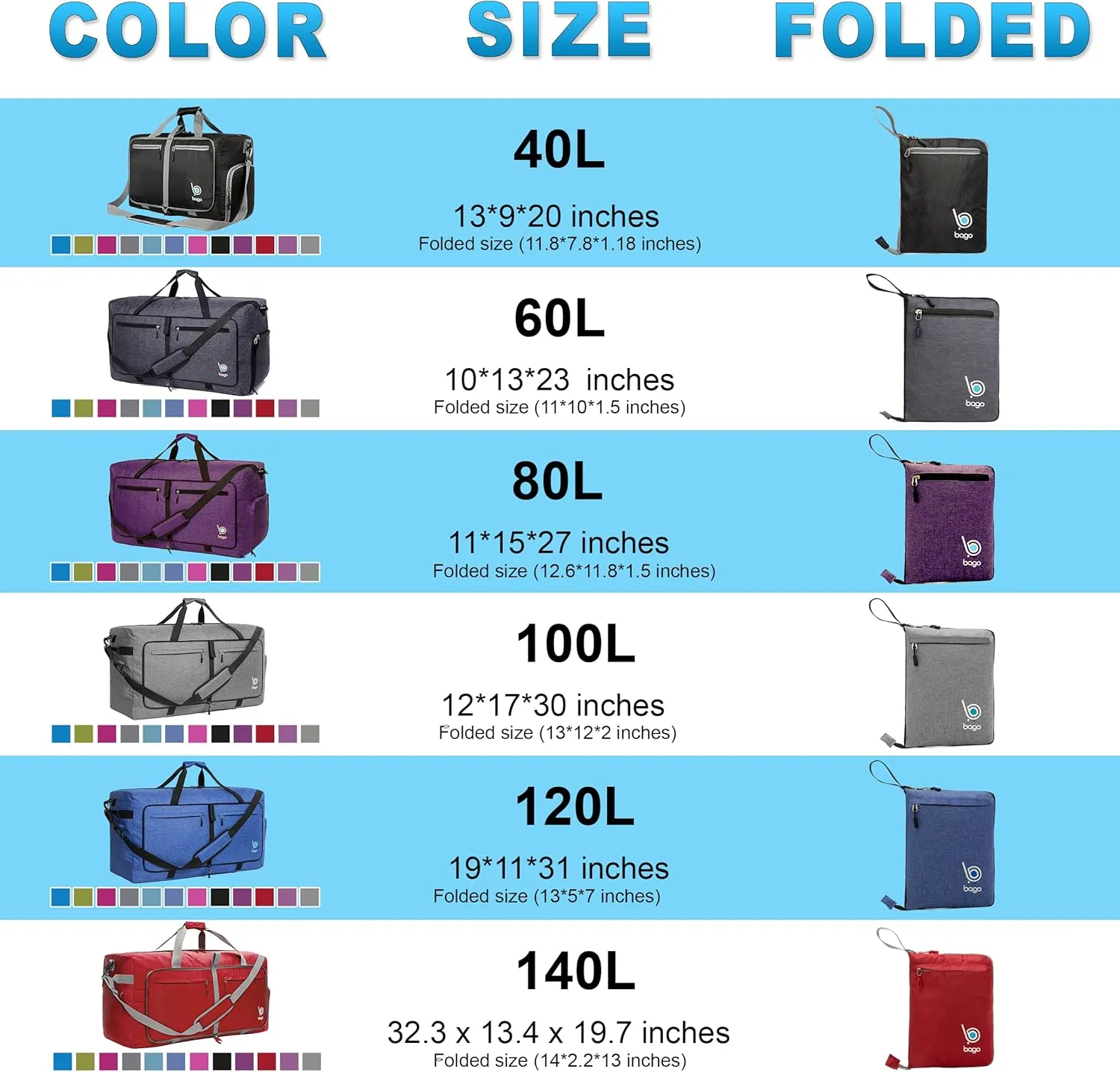 Bago Foldable Duffel Bags for Traveling Women & Men - 60L Medium Packable Duffle Bag for Travel with Shoe Compartment - Water Repellant, Heavy Duty, Lightweight Folding & Collapsible (SnowDepBlue)