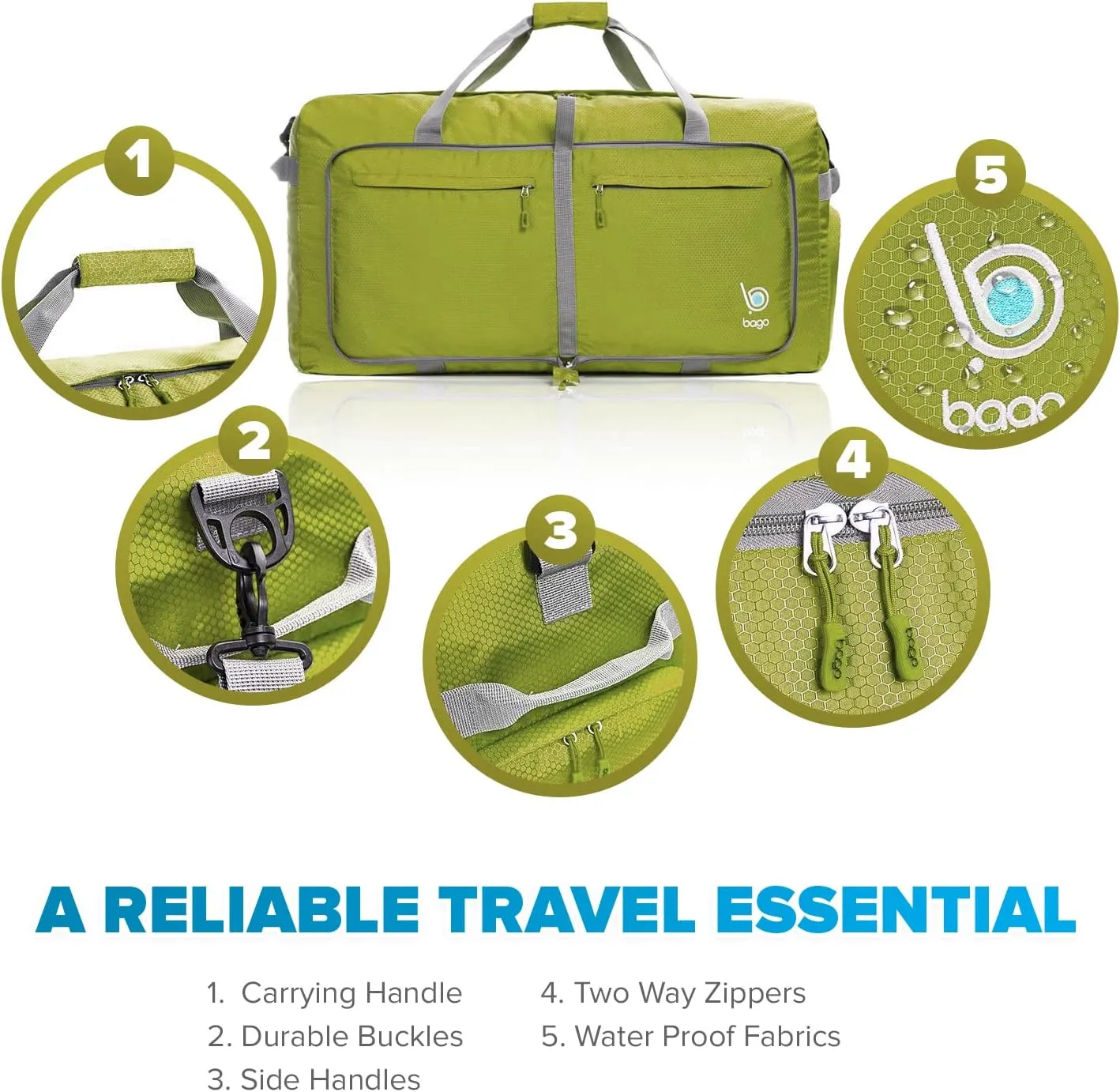 Bago Large Foldable Duffel Bags for Traveling Women & Men - 100L Packable Duffle Bag for Travel with Shoe Compartment - Water Repellant, Heavy Duty, Lightweight Folding & Collapsible (Green)