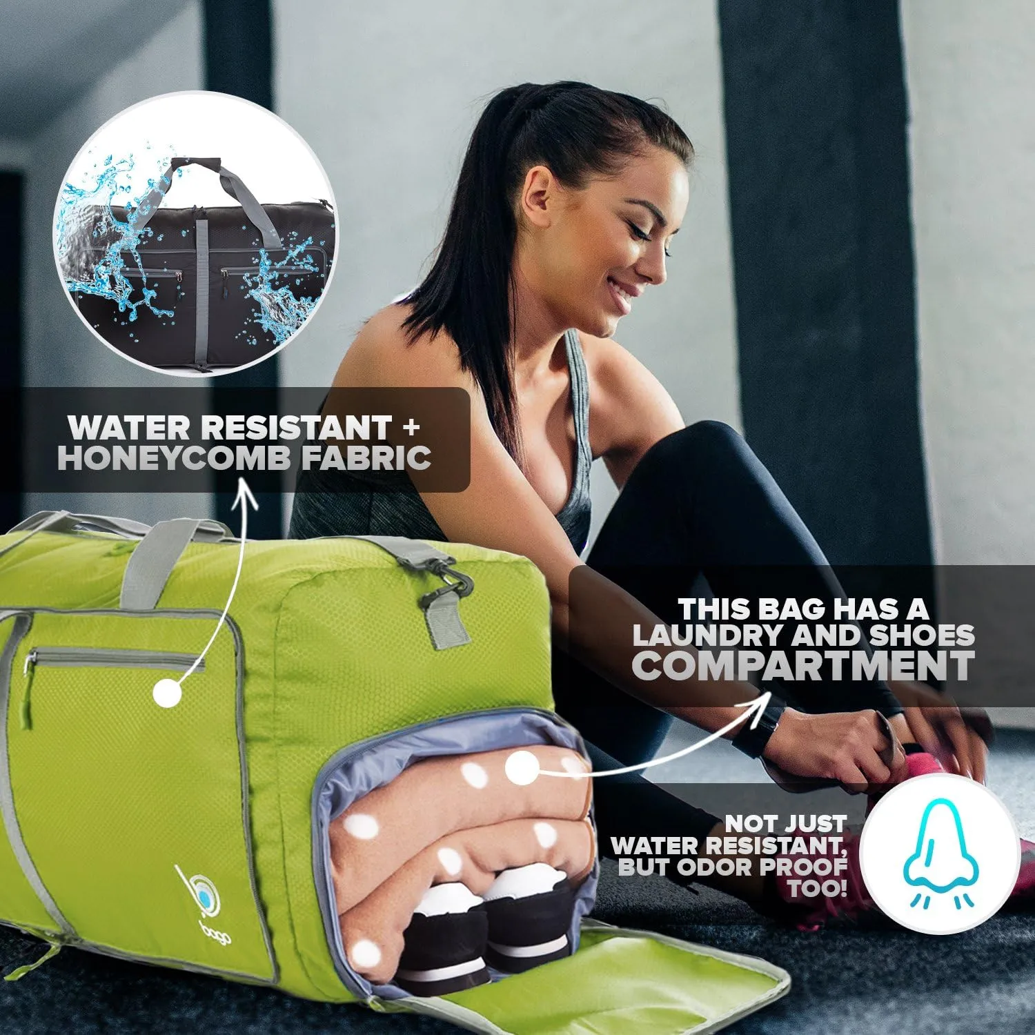 Bago Large Foldable Duffel Bags for Traveling Women & Men - 100L Packable Duffle Bag for Travel with Shoe Compartment - Water Repellant, Heavy Duty, Lightweight Folding & Collapsible (Green)