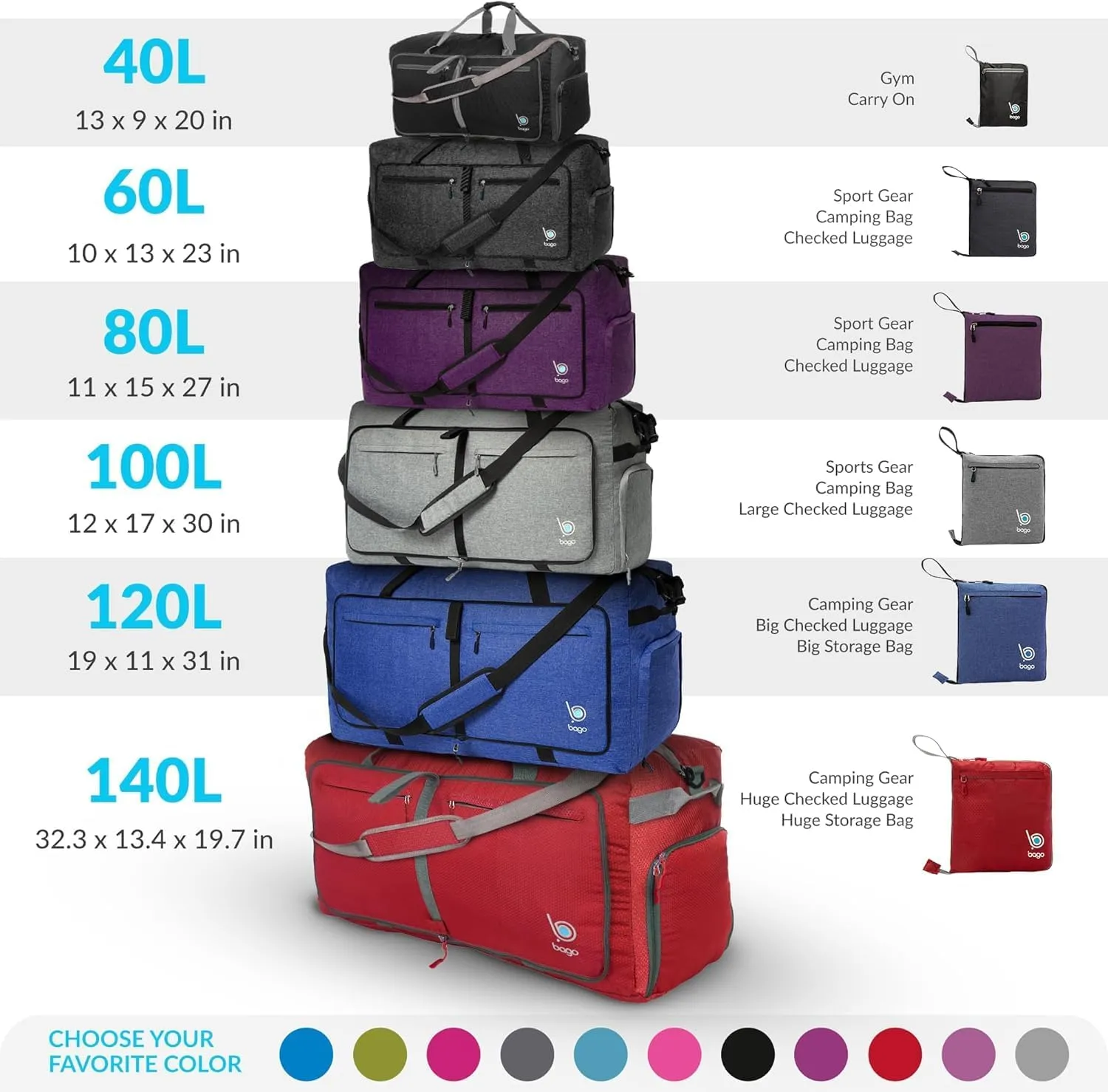 Bago Large Foldable Duffel Bags for Traveling Women & Men - 100L Packable Duffle Bag for Travel with Shoe Compartment - Water Repellant, Heavy Duty, Lightweight Folding & Collapsible (Purple)