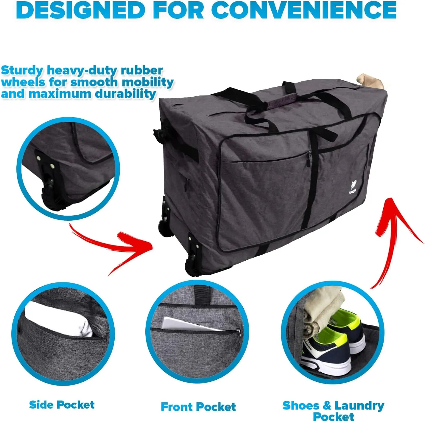 Bago Rolling Duffle Bag with Wheels - 27" 80L Foldable Weekender Bag, Waterproof Travel Duffel Bag, Heavy Duty lightWeight Duffle Bag for Traveling, Rolling Duffel Bag with Wheels (SnowBlack2023)