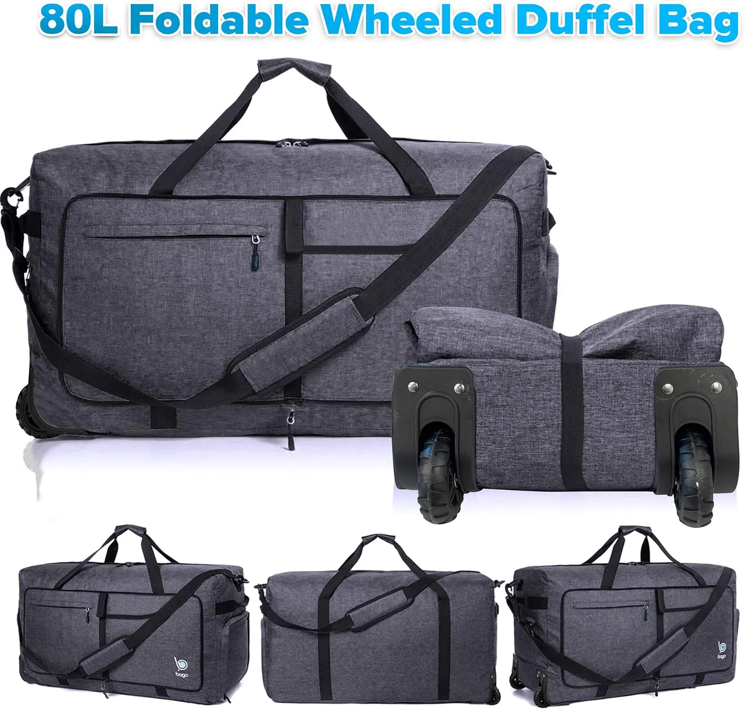 Bago Rolling Duffle Bag with Wheels - 27" 80L Foldable Weekender Bag, Waterproof Travel Duffel Bag, Heavy Duty lightWeight Duffle Bag for Traveling, Rolling Duffel Bag with Wheels (SnowBlack2023)