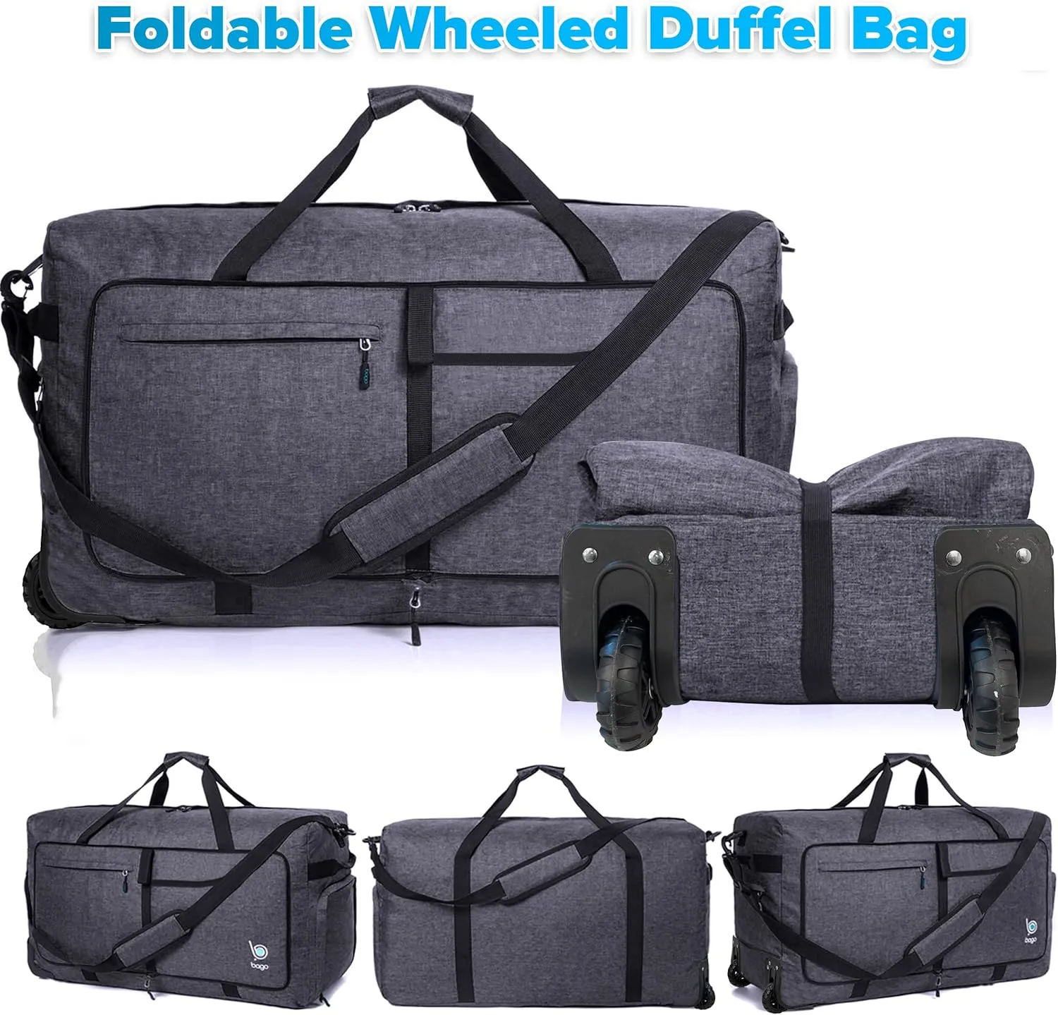 Bago Rolling Duffle Bag with Wheels - 27" 80L Foldable Weekender Bag, Waterproof Travel Duffel Bag, Heavy Duty lightWeight Duffle Bag for Traveling, Rolling Duffel Bag with Wheels (SnowBlack2023)