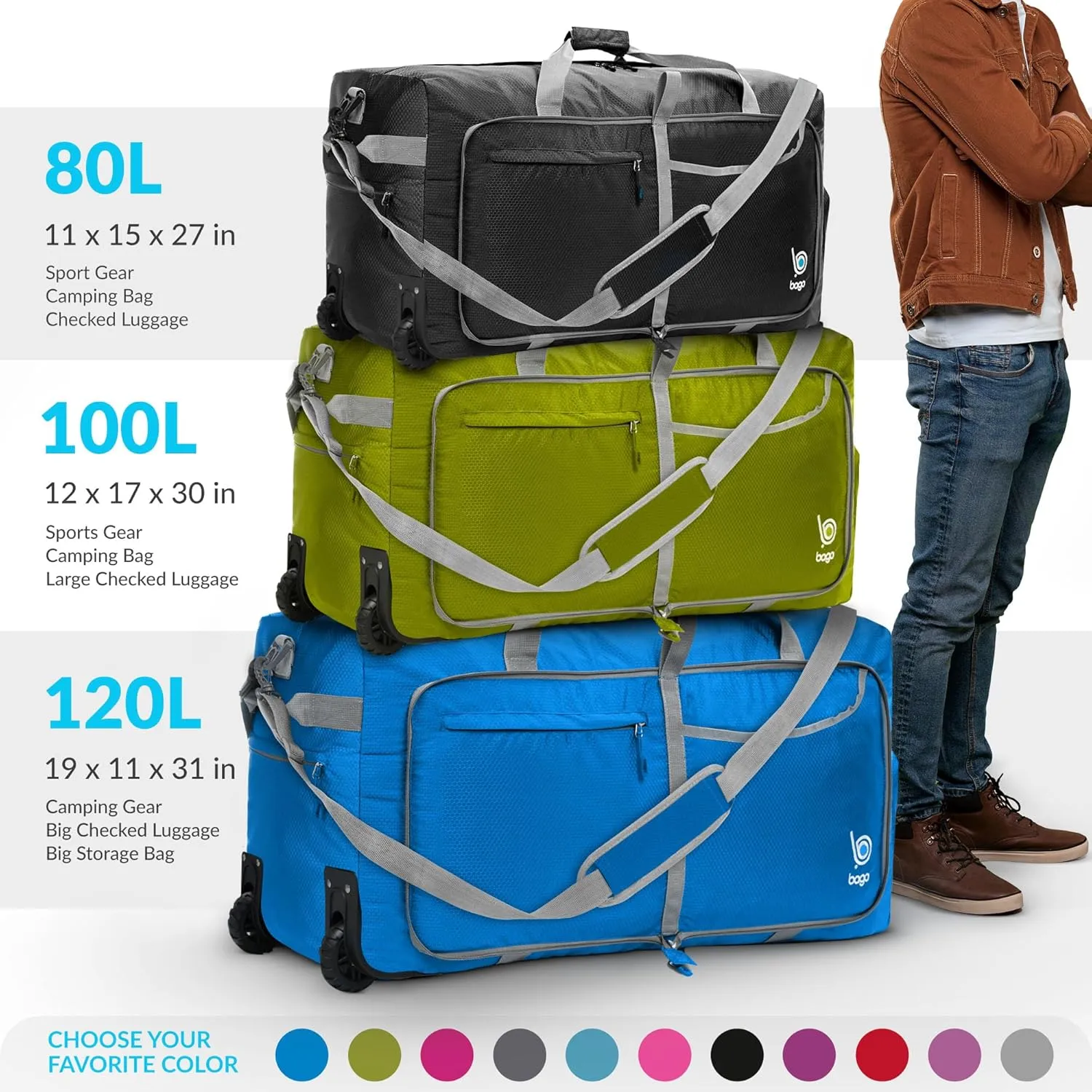 Bago Rolling Duffle Bag with Wheels - 27" 80L Foldable Weekender Bag, Waterproof Travel Duffel Bag, Heavy Duty lightWeight Duffle Bag for Traveling, Rolling Duffel Bag with Wheels (SnowBlack2023)